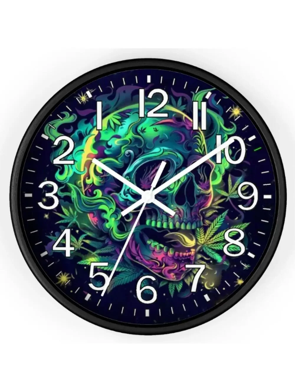 REVERSE TICKING CLOCK SKULL GOOD LEAF Black Light Glow In The Dark Wall Clock Ne